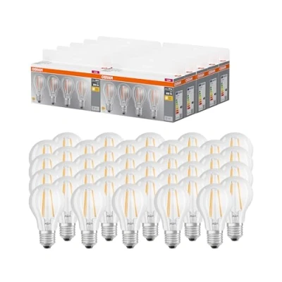Imagen de OSRAM LED BASE A60, paquete de 40 bombillas, reemplaza bombillas incandescentes tradicionales 60W, 6.5W, blanco cálido (2700K), vidrio mate, no regulable, forma bulbo, E27