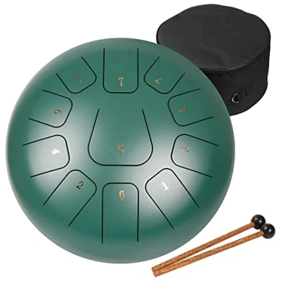 Imagen de AMKOSKR Tambor de Lengua Acero 10 Pulgadas 25cm 11 Notas C Chiave,Instrumento Percusión Mano para Niño con Mazos y Bolsa Transporte(Verde)