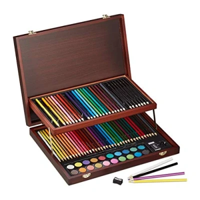 Imagen de Relaxdays Malkoffer Deluxe für Erwachsene Maletín de Dibujo, 73 Piezas, Set Pintura, Lápices, Colores, Acuarelas, Pincel, Sacapuntas y Goma, Burdeos, 5 x 38,5 29,5 cm
