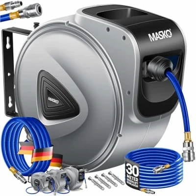 Imagen de MASKO® Enrollador de manguera aire comprimido automática, Conexión 1/4, mangueras, Soporte mangueras montado en la pared, comprimido, gris, 30m