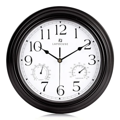 Imagen de Lafocuse Reloj de Pared con Termómetro e Higrómetro, Silencioso Vintage Gris Carbón, Retro sin Tic TAC para Cocina Salon Porche 30cm