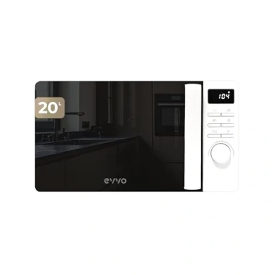 Imagen de EVVO Microondas M20 White, 20L de Capacidad, Grill 800W, Puerta Efecto Espejo, Multifunción, Función Descongelar, Temporizador 60 Minutos,Display Digital (Acabado Blanco)
