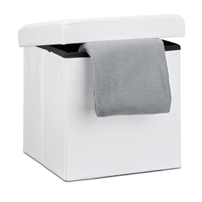 Imagen de Relaxdays Puff Almacenaje Cuadrado con Tapa, Piel Sintética, Blanco, 38 x cm