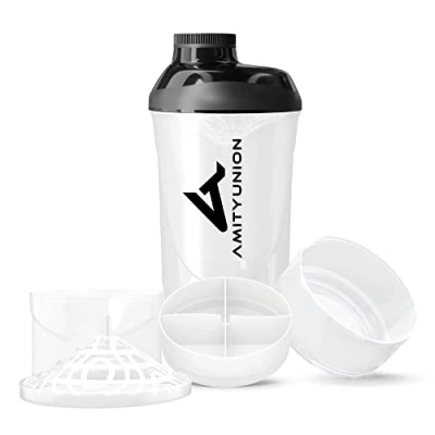 Imagen de AMITYUNION Shaker Deluxe proteína a prueba de fugas BPA libre y con la escala tamiz polvo suero cremoso sacude (blanco negro cup 700ml)