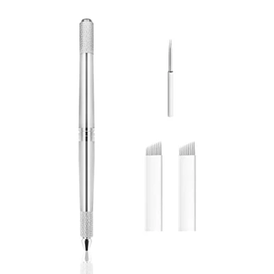Imagen de Pinkiou Color de cejas Microblading Pen Tattoo 3 cabezas Manual Kit para suministros maquillaje permanente (plata)
