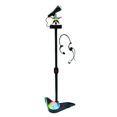 Imagen de DEQUBE Micrófono Karaoke de pie con Altura Ajustable Incluye Bola Luces Disco y Auricular Conexión a Distintos Dispositivos Sonido Tamaño 65 100cm (916D00037) negro
