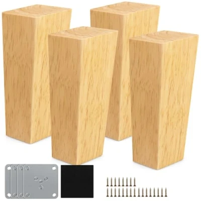 Imagen de Patas para Muebles Madera, 4 Piezas conicas de Madera Sofá Placas Montaje y Tornillos Mesa Cama, Armario, Sillón 12cm Cuadrado