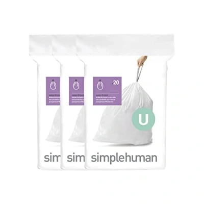 Imagen de simplehuman CW0265 3 x paquete de 20 bolsas basura a medida (60 bolsas), código U, plástico blanco