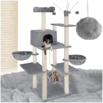 Imagen de tectake® Rascador para Gatos, Árbol Hamaca, Plataformas, Bolas de Juego, Gato, Juguetes Plataforma Descanso, Protección Antivuelco Gris