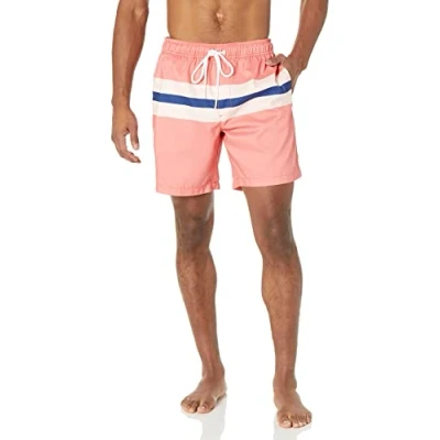 Imagen de Amazon Essentials Bañador de Secado Rápido 18 Cm colores interrumpidos Hombre, Azul Rosa Coral Rayas, S