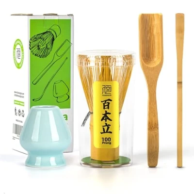 Imagen de TEANAGOO Accesorio para la Ceremonia Japonesa del Matcha, Batidor de Matcha (Chasen), Cuchara Tradicional (Chashaku), Té, Soporte Celadón Azul,I2, El Set Perfecto