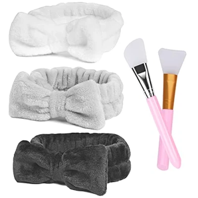 Imagen de URAQT Diadema de Maquillaje, 3Pcs Microfibra Spa Elásticas, Suave Mujer con 2Pcs Cepillo Mascarilla Silicona, Bowknot Banda Pelo para Bañarse, Yoga