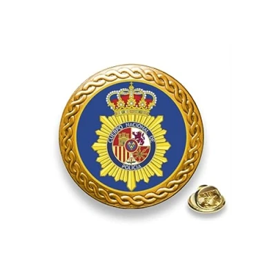 Imagen de Pin emblema del Cuerpo de la Policia Nacional España Montado en base 20 mm diámetro zinc dorado. Con biselado ornamental tipo guirnalda enganche mariposa