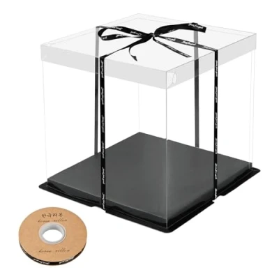 Imagen de Cozlly Caja de Tartas Transparente, Pastel con Tapa, Doble Capa Base y Cinta, Porta Tartas, Recipiente para Cumpleaños Fiesta Bebé Ducha 8 Inch (Negro)