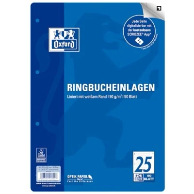 Imagen de Oxford 400131468 Recambio para archivador de anillas (A4, 50 hojas, 25 líneas, a rayas, con borde blanco, 90 g/m², compatible SCRIBZEE)