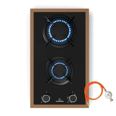 Imagen de Klarstein Lumiflame Placa de Gas, 2 Quemadores, 4,2kW, Superficie Cristal Templado, Encendido Eléctrico, Seguridad FFD, Marco Cobre, Soportes Hierro Fundido, Compatible con GLP/Gas Natural
