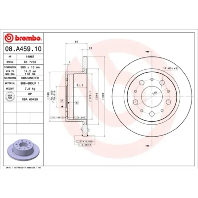 Imagen de BREMBO 08.A459.10 Disco de freno 300 16 5 macizo FIAT: Ducato III Furgón, Camión plataforma / Chasis, Bus