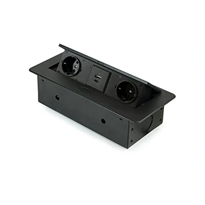 Imagen de Emuca Regletas Enchufe, Regleta de enchufes para Escritorio, 2 EU + 1 USB Tipo A C, 265x120mm, Acero y Aluminio, Pintado Negro