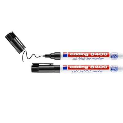 Imagen de edding 8400 marcador de CD/DVD/BD negro 2 rotuladores punta redondeada fina 0,5 1 mm para el etiquetado permanente CD, DVD y discos Blu ray