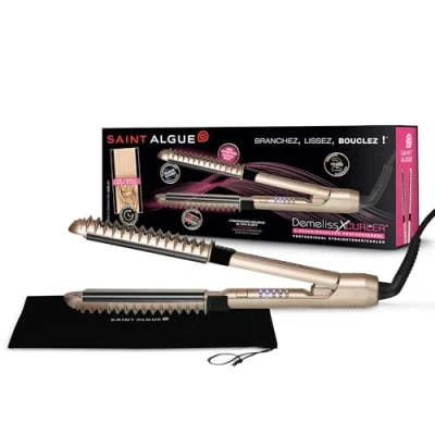 Imagen de Demeliss SAINT ALGUE Alisador Rizador Profesional 2 en 1 XCURLER Placas Cerámicas Finas 5 Temperaturas Exterior Curvado y Calefactado, Rizos Duraderos Todo Tipo de Cabello