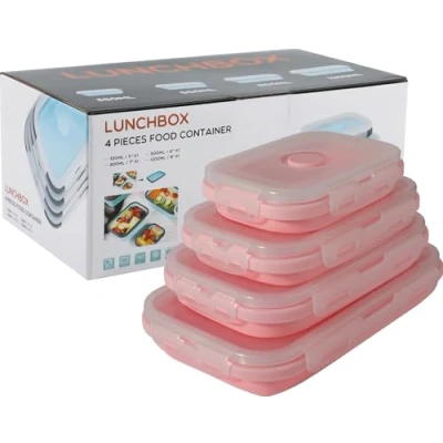 Imagen de Beeptrum Recipiente de silicona plegable con tapa, fiambrera portátil para picnic al aire libre que ahorra espacio, apto microondas, lavavajillas y congelador, juego 4(Rosa claro)