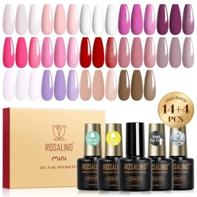 Imagen de ROSALIND Esmaltes Semipermanentes Para Uñas, 18 Piezas Rosa Nude Blanco Rojo Violeta Marrón Colores Semipermanente, UV LED Pintauñas Nail Art Manicure Regalo