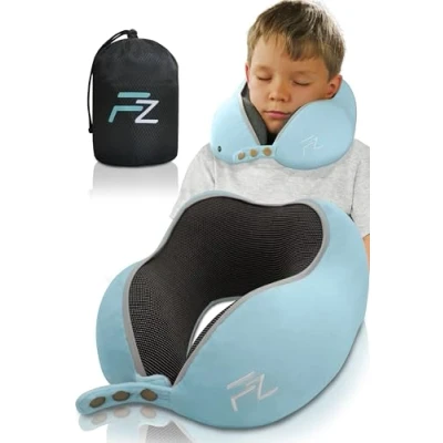 Imagen de FLOWZOOM Almohada de Viaje para Niños Mayores 6 Años Cojín Ajustable Que Alivia Tensión Cervical Viscoelástica y Suave, Coche, Tren Avión Comfy Kids, Azul