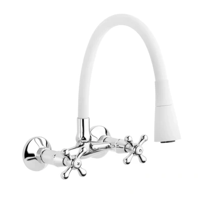 Imagen de Blanco Pico Flexible Cromo Grifo Cocina Montado Pared Mezclador Crucetas