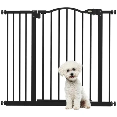Imagen de PawHut Barrera de Seguridad para Perros Extensible 74 94 cm Puertas y Escaleras Puerta Mascotas con Montaje a Presión Doble Bloqueo Negro
