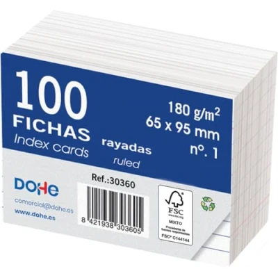 Imagen de Dohe Fichas Rayadas de Cartulina (100 uds.) Tarjetas para Escribir Notas, Tamaño 9,5x6,5 cm, 180 gr/m², N.º 1, Material Oficina Color Blanco