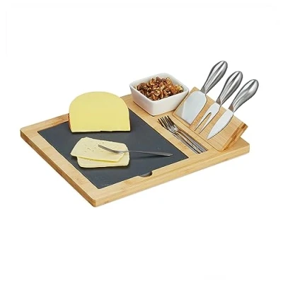 Imagen de Relaxdays bambú con 9 Piezas. Accesorios Set Tabla de Quesos, Bandeja Embutidos y Aperitivos, 3 Cuchillos, Plato Pizarra, Cuenco, 4 Tenedores, Natural, 6,5 x 32 27 cm