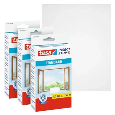 Imagen de tesa Insect Stop Malla Mosquitera STANDARD para Ventanas en Paquete de 3 Autoadhesiva Recortable al Tamaño Deseado Blanca, 130 cm x 150