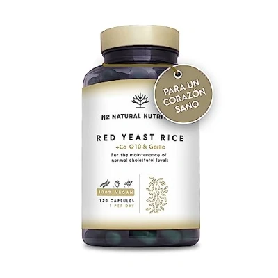 Imagen de Levadura de arroz rojo + Coenzima Q10 Monacolina K 2.9 mg. Regula Niveles Colesterol en Sangre. Bienestar Cardiovascular. Vegano. 120 Cápsulas Vegetales. CE. N2 Natural Nutrition