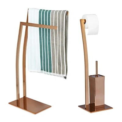Imagen de Relaxdays Set Escobillero Portarrollos y Toallero de Pie Rectangular WIMEDO, 2 Unidades, Acero Inoxidable, Cobre