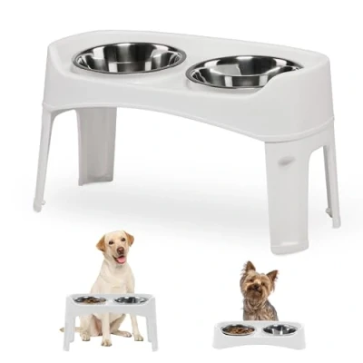 Imagen de Iris Ohyama, cuencos dobles elevados con soporte desmontable para perros movilidad limitada, grandes extraíbles, de borde alto, Dog Feeder PEF L, Blanco