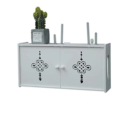 Imagen de Estante de Almacenamiento Router, Blanco Caja para Router y Cables, Plástico Madera, Soporte Pared Cable C