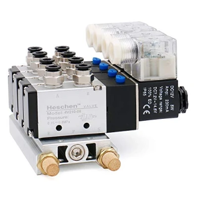 Imagen de Heschen 4 válvulas solenoides neumáticas eléctricas 4V210 08 DC 12V PT1/4 5 vías 2 posiciones silenciador base colector conjunto de accesorios rápidos