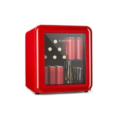 Imagen de nevera para bebidas Klarstein PopLife minibar, retro, 0 10C, sólo 39 dB, 48 L, respetuosa con el medio ambiente, puerta de doble acristalamiento, diseño rojo