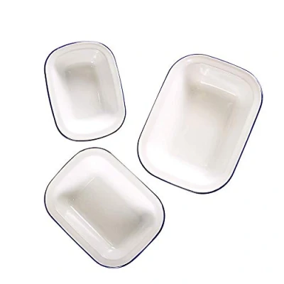 Imagen de Webake Platos para tartas esmaltados, latas asar esmaltadas, paquete de 3 bandejas hornear rectangulares tostadoras cerámica, recipientes alimentos, blanco sólido con borde azul
