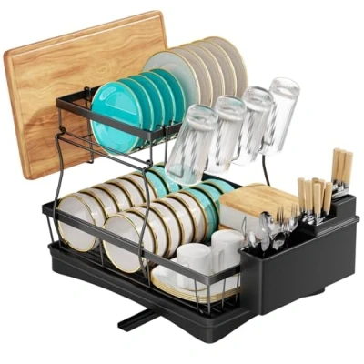 Imagen de TidyIsles Escurreplatos escurridor de platos 2 niveles que ahorra espacio con soporte para utensilios, encimera cocina, fregadero estante tabla