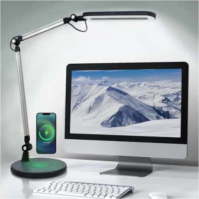 Imagen de OTUS Lámpara Escritorio LED con Cargador Inalámbrico, Brazo Oscilante Ajustable, Luz Regulable, de Mesa para Arquitectos, Oficina en Casa Lectura, 3 Modos Color, 12 Niveles Brillo