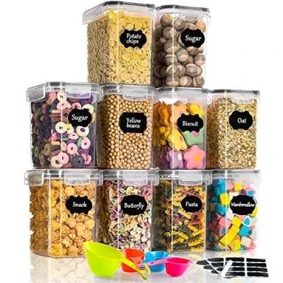 Imagen de GoMaihe 1.6L Botes Cocina, Juego de 10 Piezas Recipiente Cocina Almacenaje Plástico Alimentos Sellados con Tapa, Se Utiliza para Almacenar Cereales, Pasta, Arroz, Harina, Etc