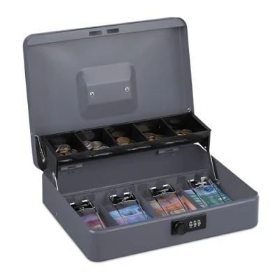 Imagen de Relaxdays Caja Dinero, Combinación 3 Números, Bandeja para Monedas y 4 Espacios Billetes, Efectivo, Gris, Hierro, 8,5 x 30,5 24,5 cm