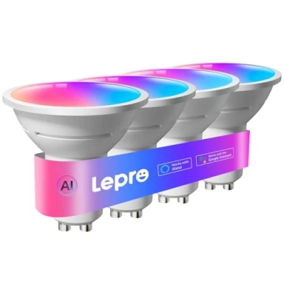 Imagen de Lepro BG1 AI Bombilla LED Inteligente GU10, Compatible con Alexa y Google Assistant, Muilticolor RGBCW Regulable, Sincronización Música, Control por Voz, GU10 WiFi Bluetooth, Paquete de 4