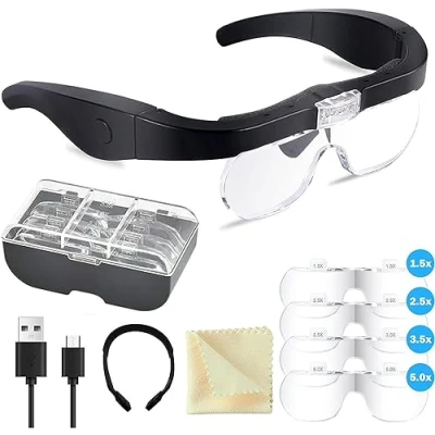 Imagen de Gafas Lupa con 2 Luz LED, USB Recargable Lentes,4 Lentes Desmontables 1.5X 2.5X 3.5X 5X Intercambiable Ajustable para Leer, Reparaciones, Coser, Joyería
