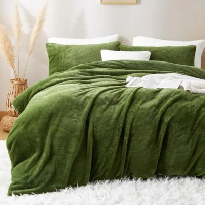 Imagen de Lanqinglv Ropa de Cama Felpa 135 x 200 cm, Color Verde y Blanco, Pelo sintético Mullido, Invierno, cálida acogedora, Franela Forro Polar, Funda nórdica con Cremallera 1