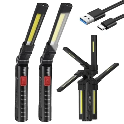 Imagen de lámpara de trabajo LED con batería, USB, recargable, imán y gancho, linterna para taller, mano COB coche, camping, regalos hombres, 2 unidades