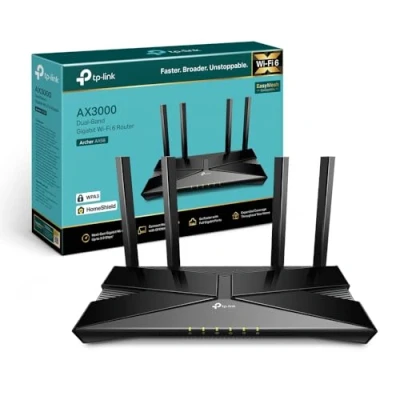 Imagen de TP Link Archer AX58 Router WiFi 6 AX3000, Doble Banda 2.4Ghz/5Ghz,1xWAN/4xLAN Puertp Gigabit, WPA3, OFDMA, WPS, Latencia Ultrabaja, HomeShield, Tecnología OneMesh, Negro