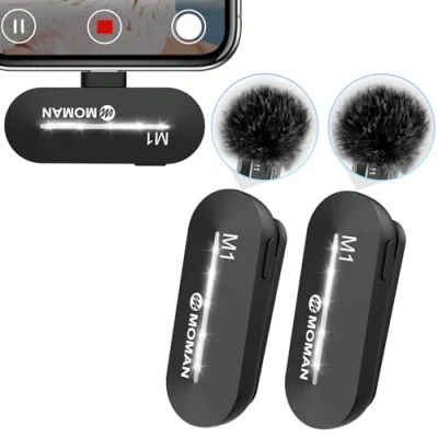 Imagen de Moman Micrófono de Solapa Inalámbrico 【Tipo C&amp;USB】 2,4GHz Lavalier con Función Silencio un Toque para Grabación Live Entrevistas Teléfonos Inalambrico Smartphone USB