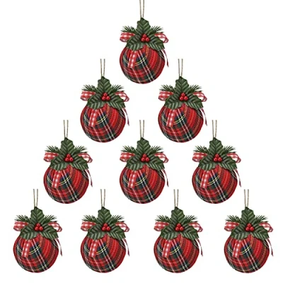 Imagen de Mokyler Bolsa de tela escocesa espuma, colgante bola tela, adornos Navidad, bolas decoración plantas artificiales para árbol Navidad